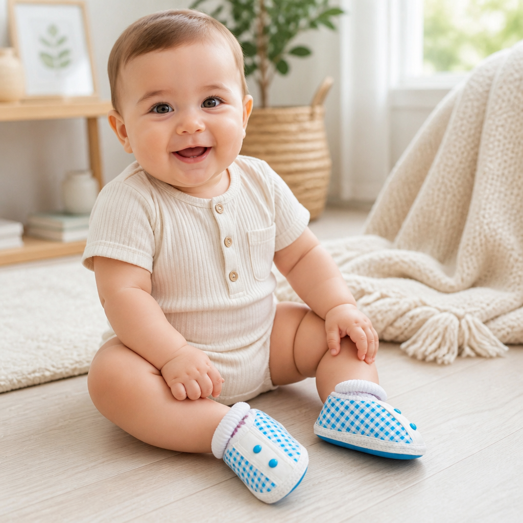 Kids Boon Blue Checkered Baby Booties | Soft Sole Infant Crib Shoes