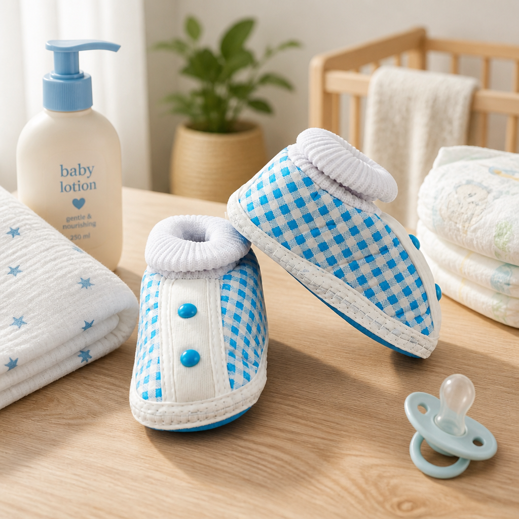 Kids Boon Blue Checkered Baby Booties | Soft Sole Infant Crib Shoes