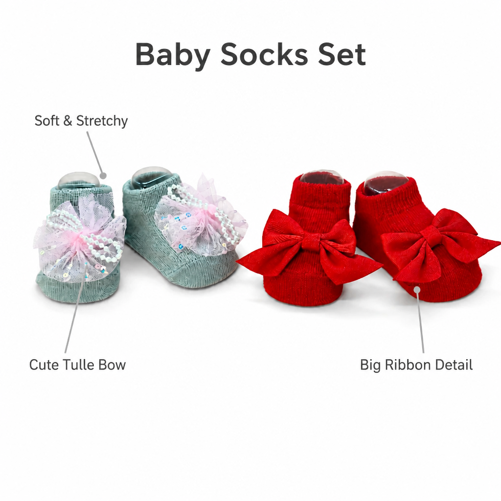 Kids Boon Elegant Baby Girl Bootie Socks Set - 2 Pairs (Pearl Tulle & Classic Red Bow)