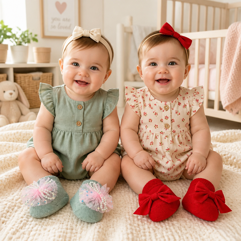 Kids Boon Elegant Baby Girl Bootie Socks Set - 2 Pairs (Pearl Tulle & Classic Red Bow)