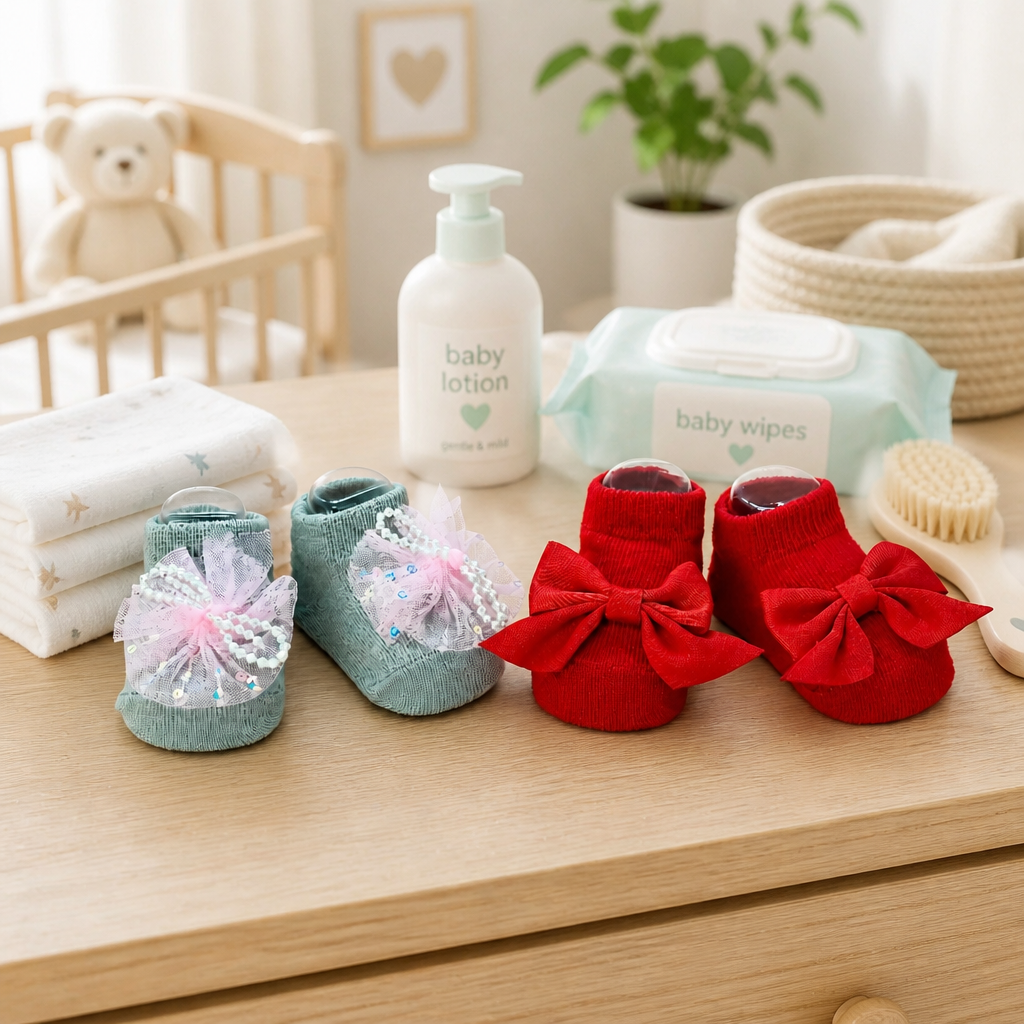Kids Boon Elegant Baby Girl Bootie Socks Set - 2 Pairs (Pearl Tulle & Classic Red Bow)