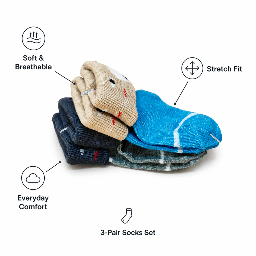 Kids Boon Premium Baby & Toddler Socks - 3-Pair Pack (Cute Animal & Striped Designs)