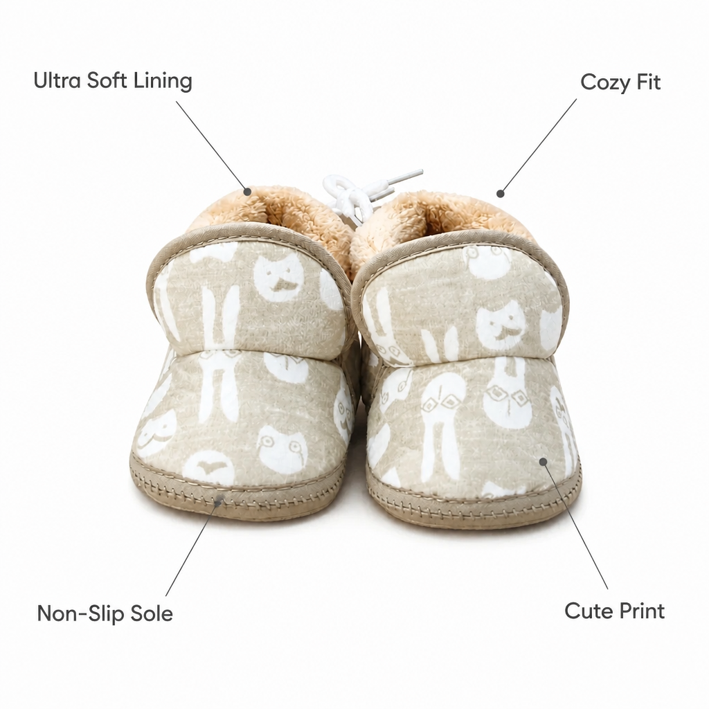 Kids Boon Cozy Plush-Lined Baby Booties – Soft Sole Winter Pre-Walker Shoes (Beige Animal Print)