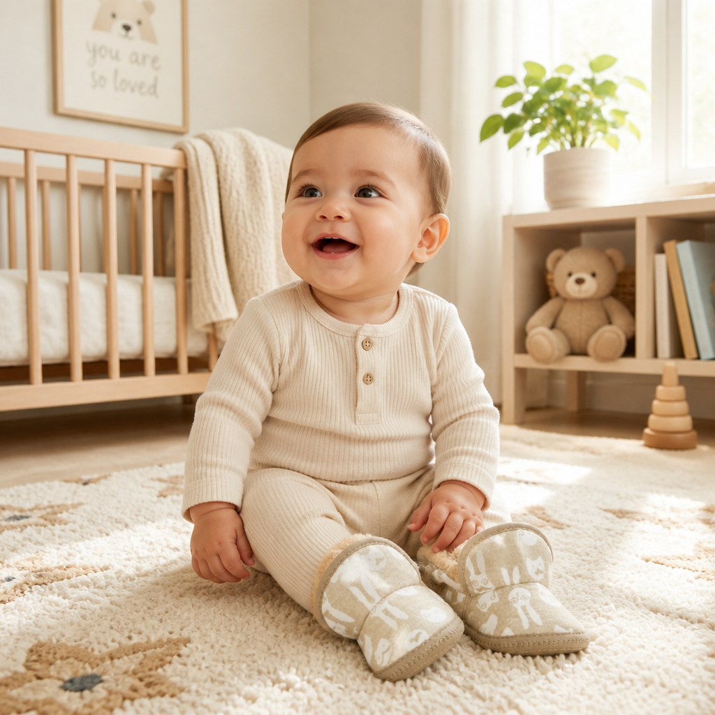 Kids Boon Cozy Plush-Lined Baby Booties – Soft Sole Winter Pre-Walker Shoes (Beige Animal Print)