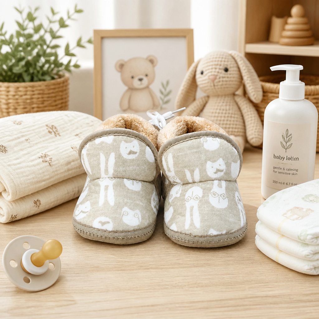 Kids Boon Cozy Plush-Lined Baby Booties – Soft Sole Winter Pre-Walker Shoes (Beige Animal Print)