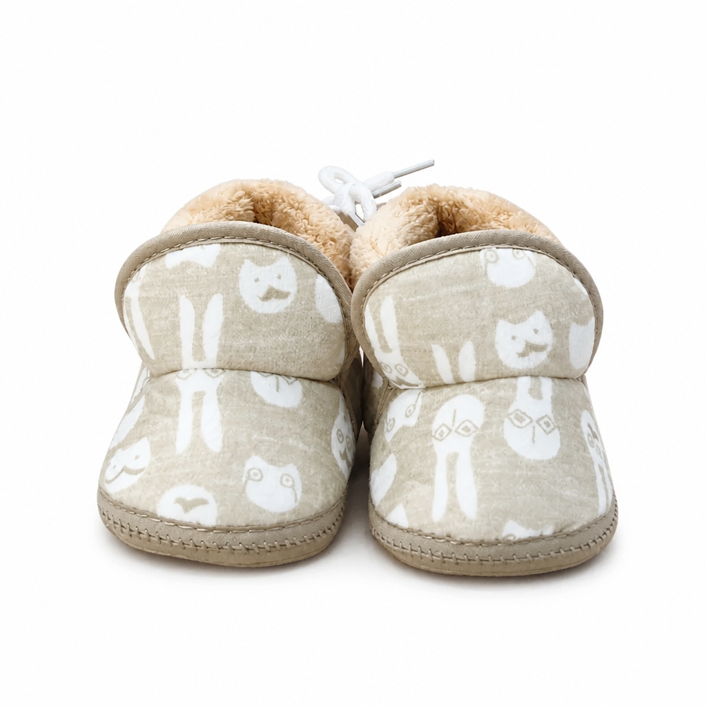 Kids Boon Cozy Plush-Lined Baby Booties – Soft Sole Winter Pre-Walker Shoes (Beige Animal Print)