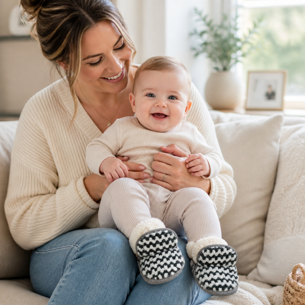 Kids Boon Cozy Fleece-Lined Baby Booties – Black & White Chevron Plush Slippers
