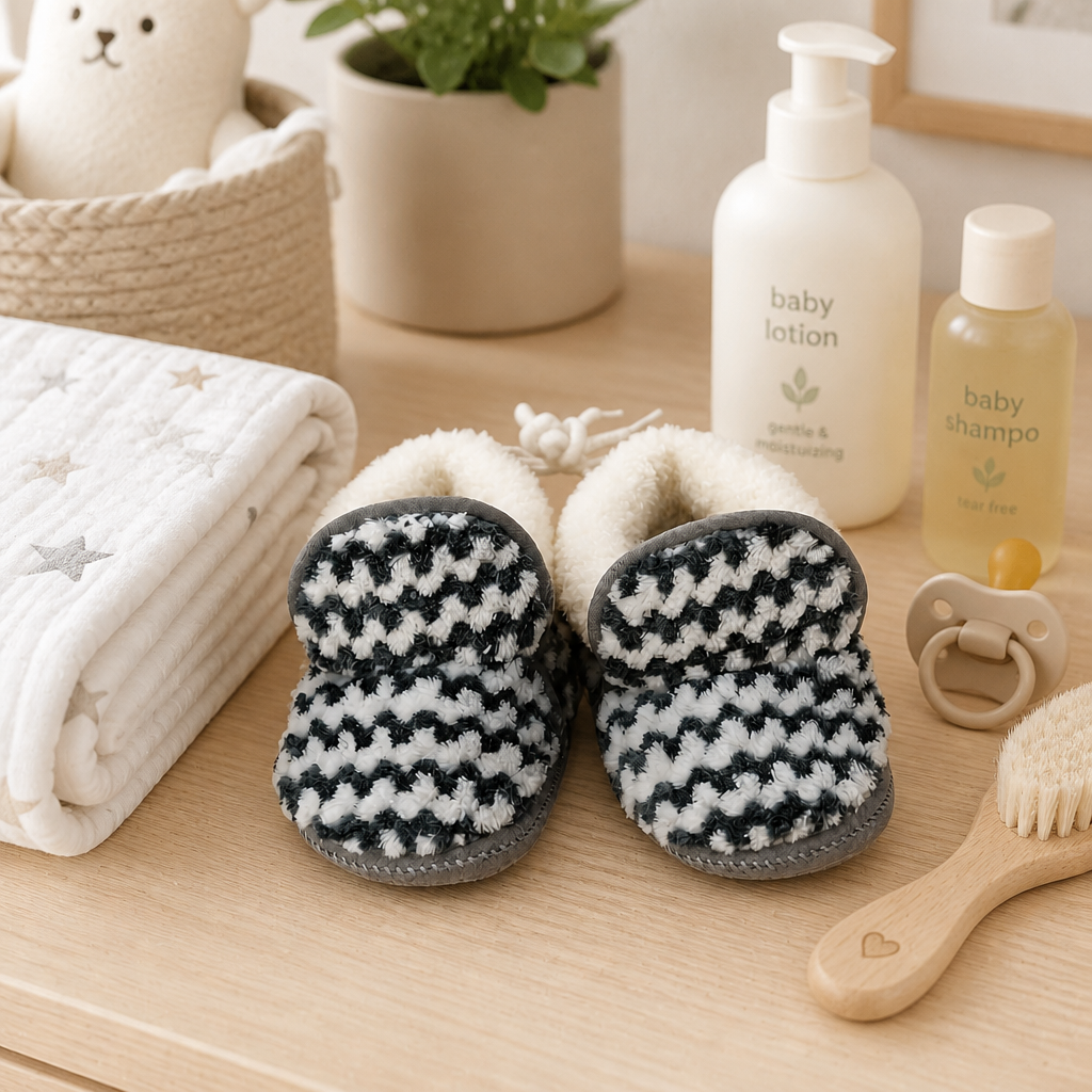 Kids Boon Cozy Fleece-Lined Baby Booties – Black & White Chevron Plush Slippers