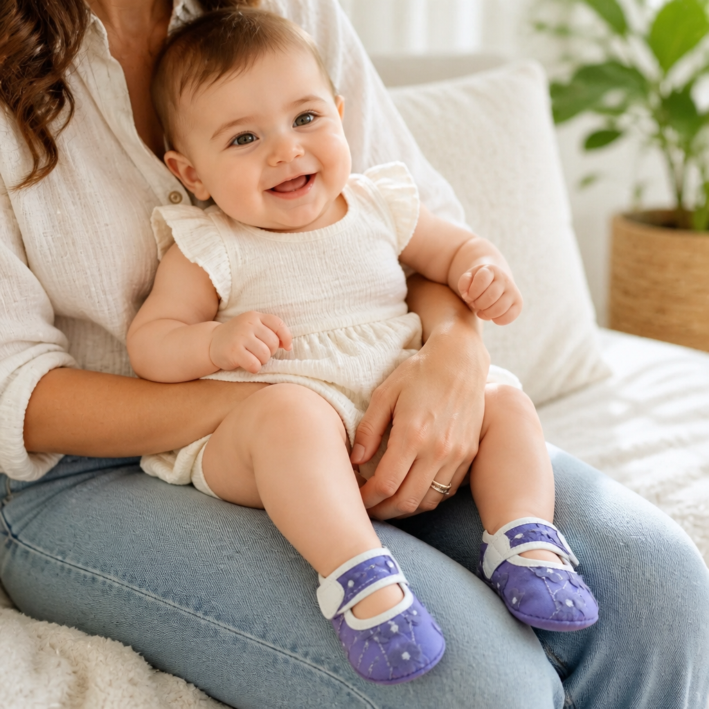 Kids Boon Purple Floral Mary Jane Baby Shoes | Soft Sole Infant Crib Booties