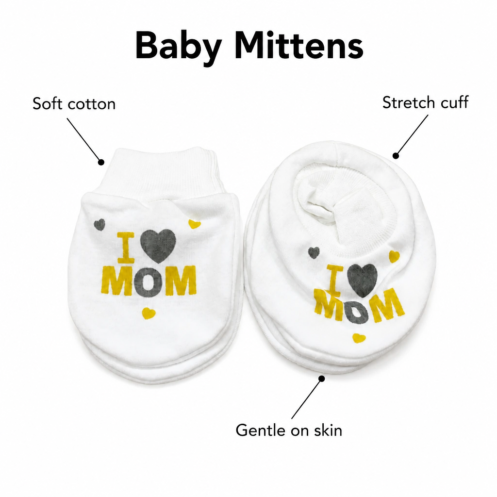 Kids Boon Newborn Cotton Anti-Scratch Mittens - "I Love Mom" Design (White)