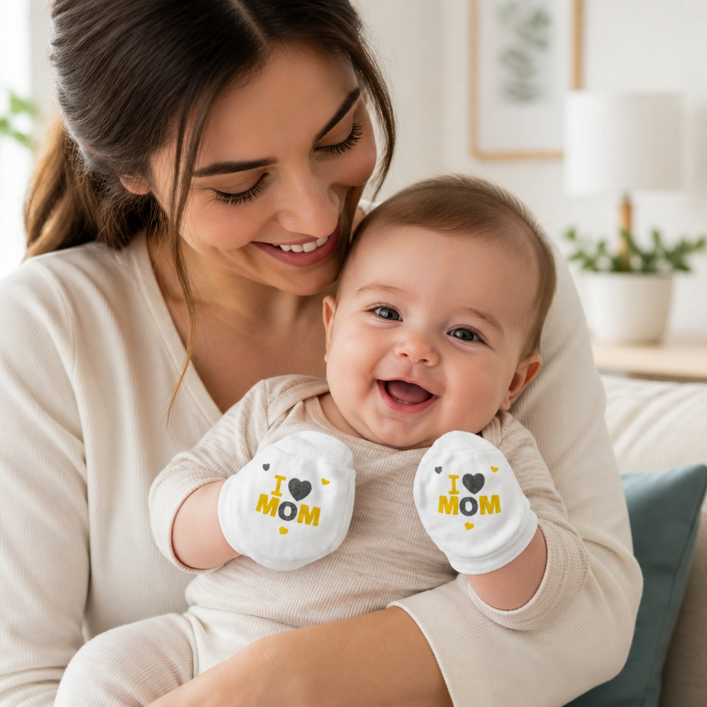 Kids Boon Newborn Cotton Anti-Scratch Mittens - "I Love Mom" Design (White)