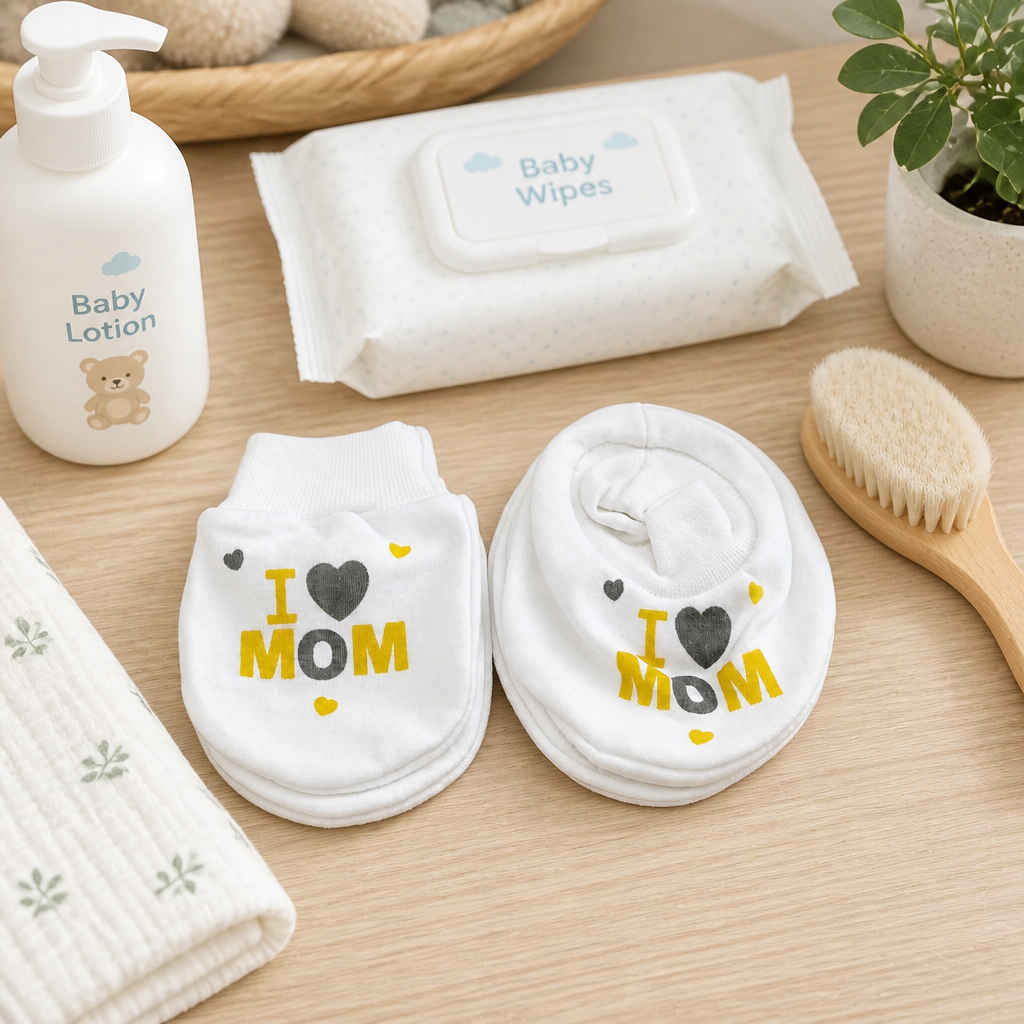 Kids Boon Newborn Cotton Anti-Scratch Mittens - "I Love Mom" Design (White)