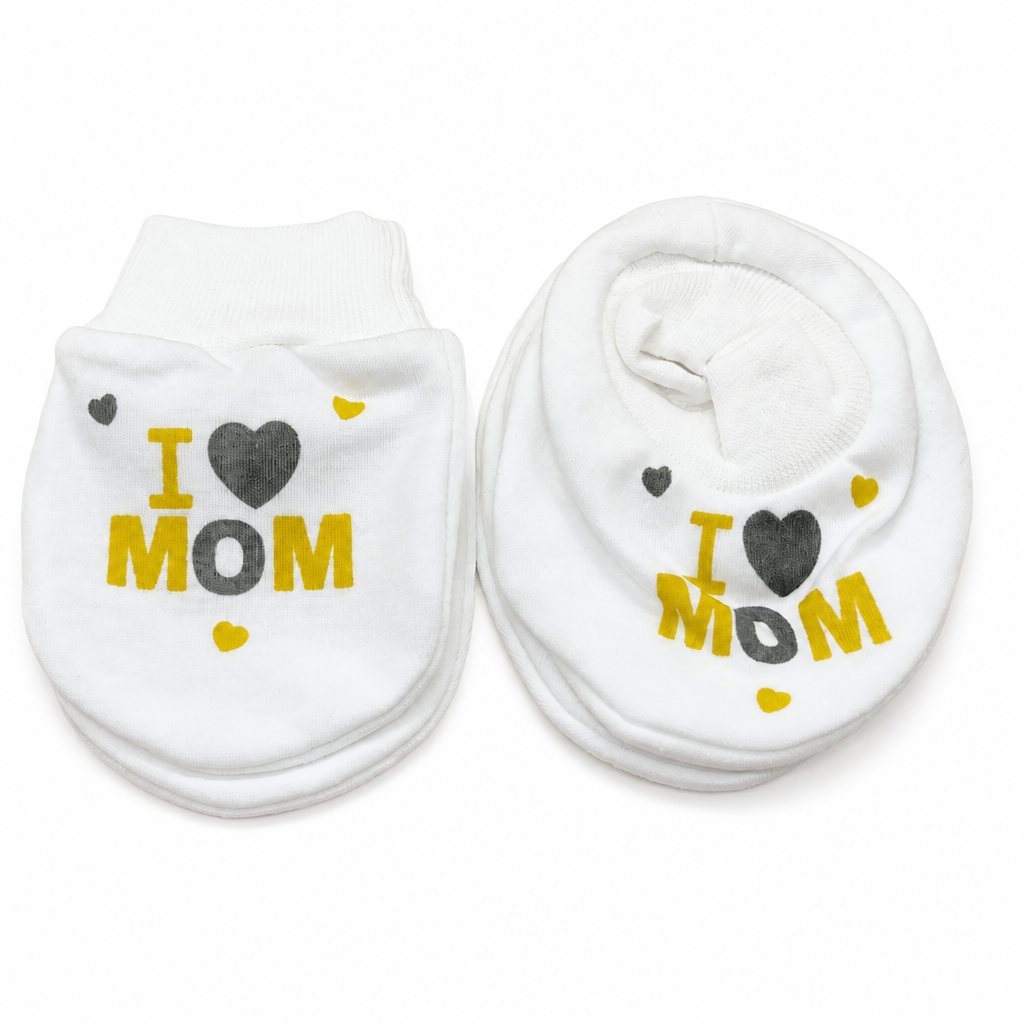 Kids Boon Newborn Cotton Anti-Scratch Mittens - "I Love Mom" Design (White)