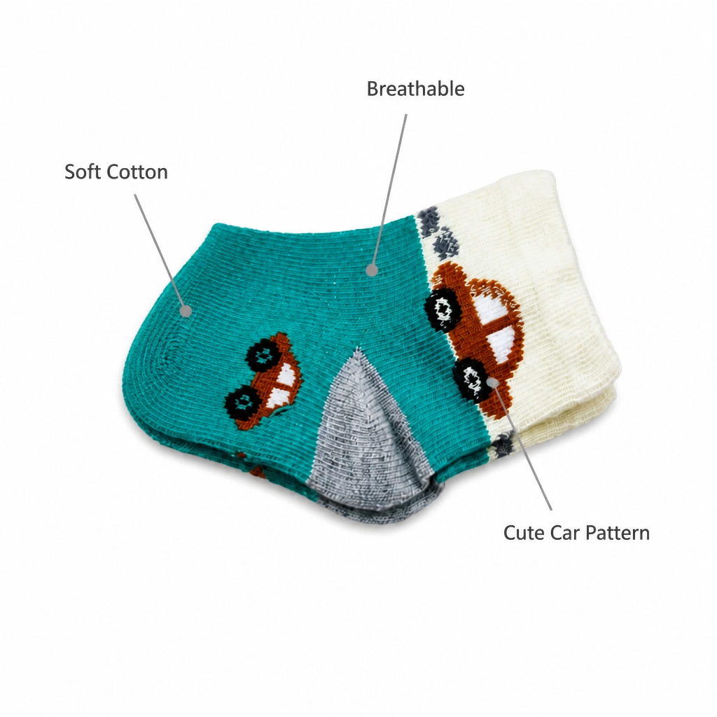 Kids Boon Soft Cotton Baby Socks - Breathable Toddler Ankle Socks with Cute Car Pattern