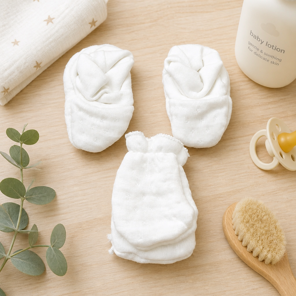 Premium Soft White Cotton Baby Mittens and Booties Set | Newborn No-Scratch Gloves & Socks Essentials