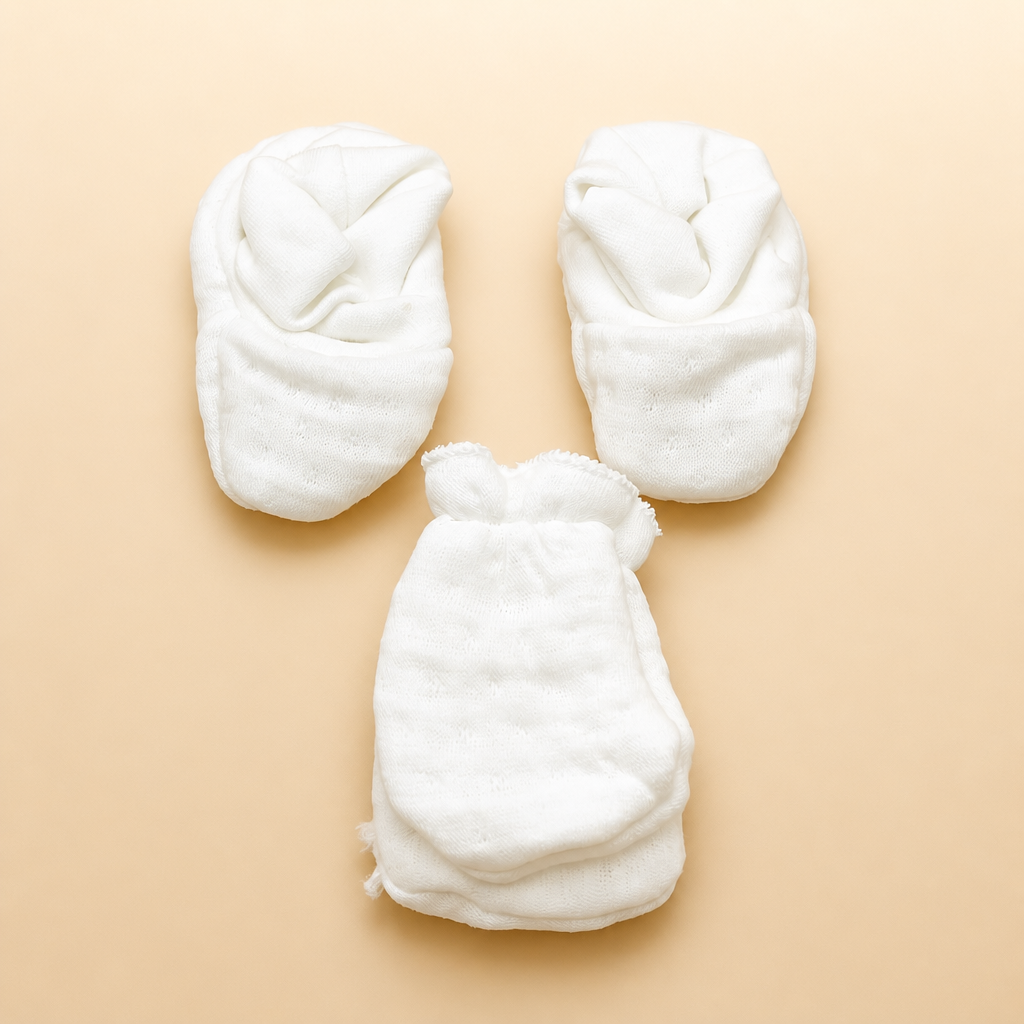 Premium Soft White Cotton Baby Mittens and Booties Set | Newborn No-Scratch Gloves & Socks Essentials