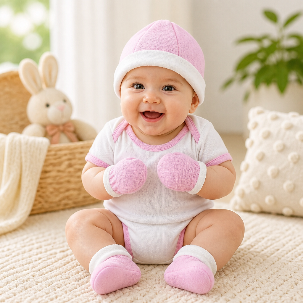 Kids Boon Newborn Baby Cap, Mittens, and Booties Set | Soft Pink Cotton Baby Essentials