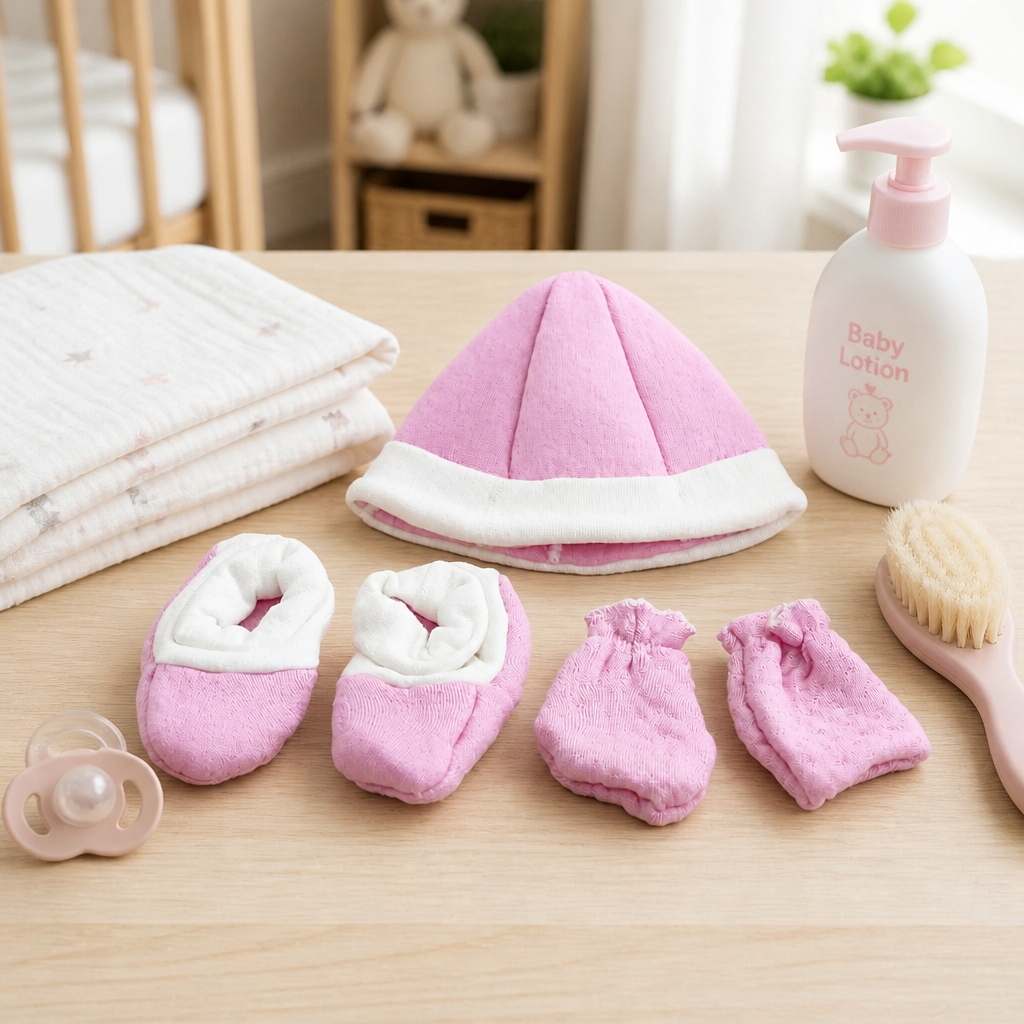 Kids Boon Newborn Baby Cap, Mittens, and Booties Set | Soft Pink Cotton Baby Essentials