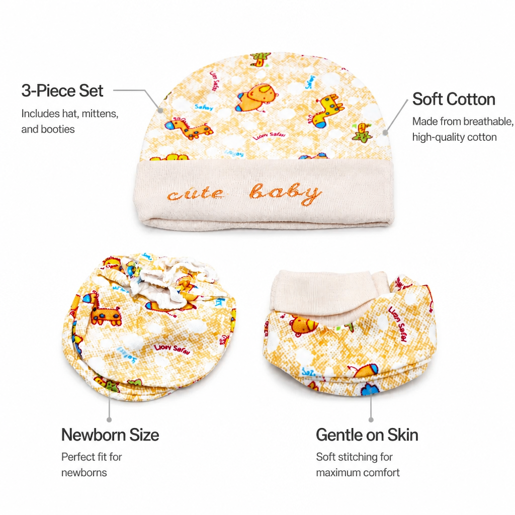 Kids Boon Newborn Baby Cap, Mittens, and Booties Set – Soft Cotton Safari Animal Print (Yellow)