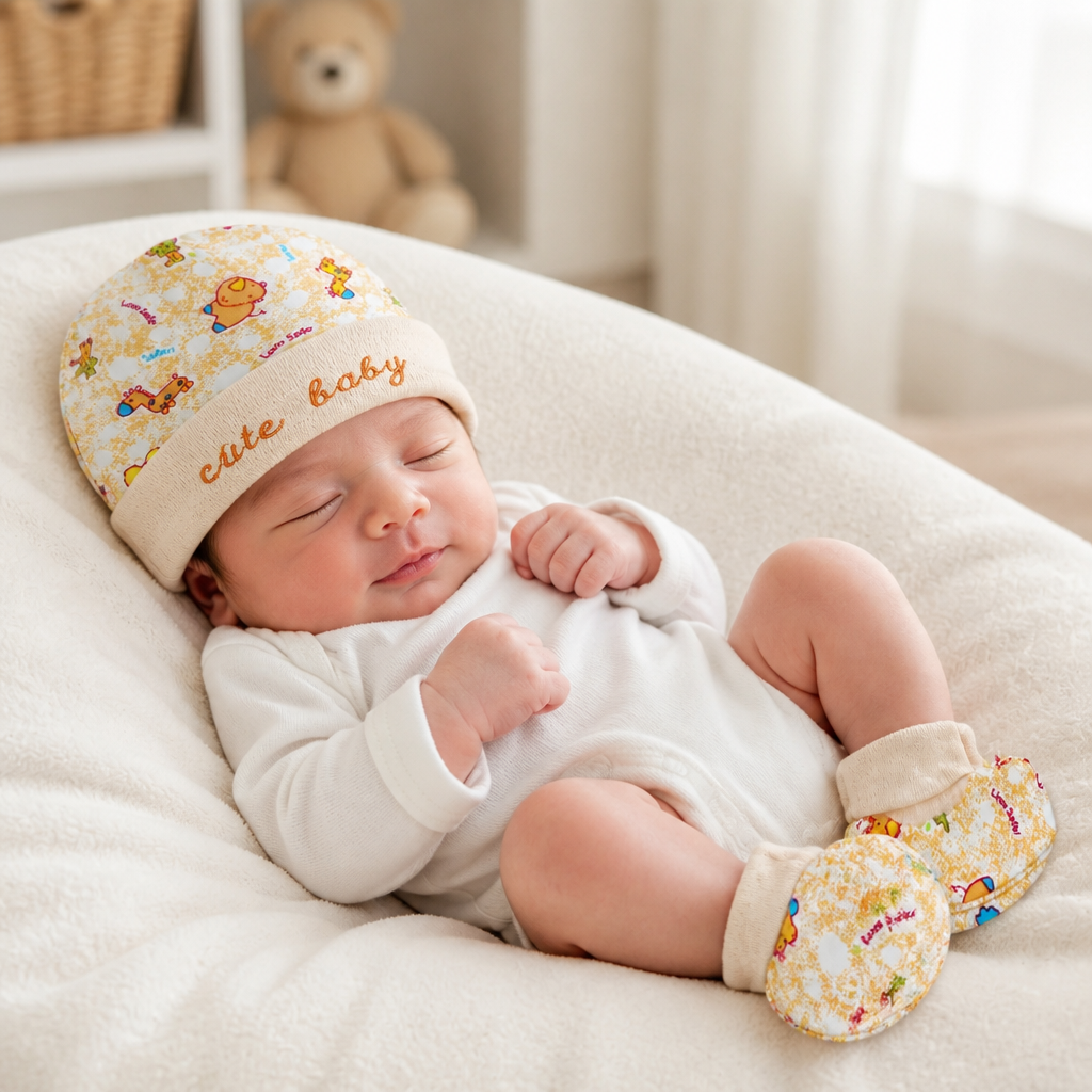 Kids Boon Newborn Baby Cap, Mittens, and Booties Set – Soft Cotton Safari Animal Print (Yellow)