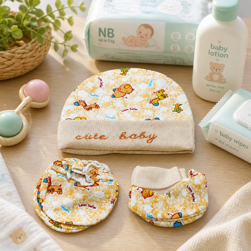 Kids Boon Newborn Baby Cap, Mittens, and Booties Set – Soft Cotton Safari Animal Print (Yellow)