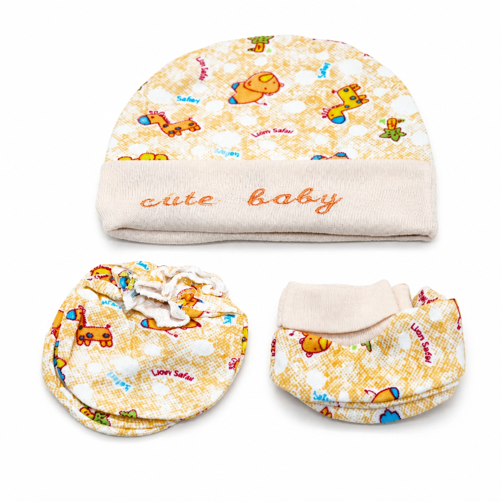 Kids Boon Newborn Baby Cap, Mittens, and Booties Set – Soft Cotton Safari Animal Print (Yellow)