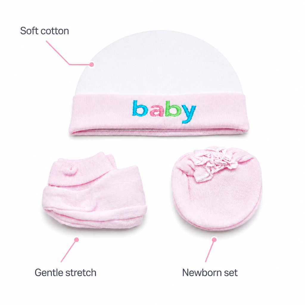 Kids Boon Newborn Baby Cap, Mittens, and Booties Set | Soft Cotton, Pink & White