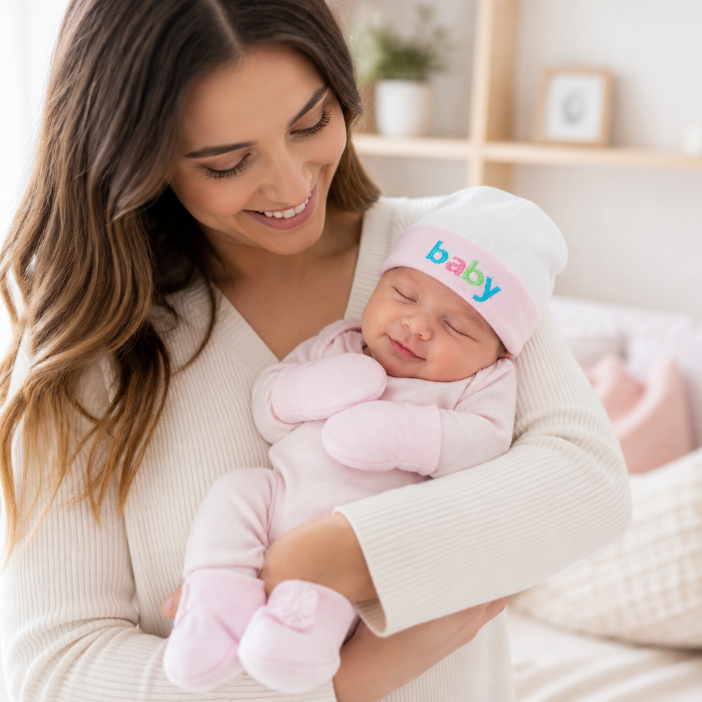 Kids Boon Newborn Baby Cap, Mittens, and Booties Set | Soft Cotton, Pink & White