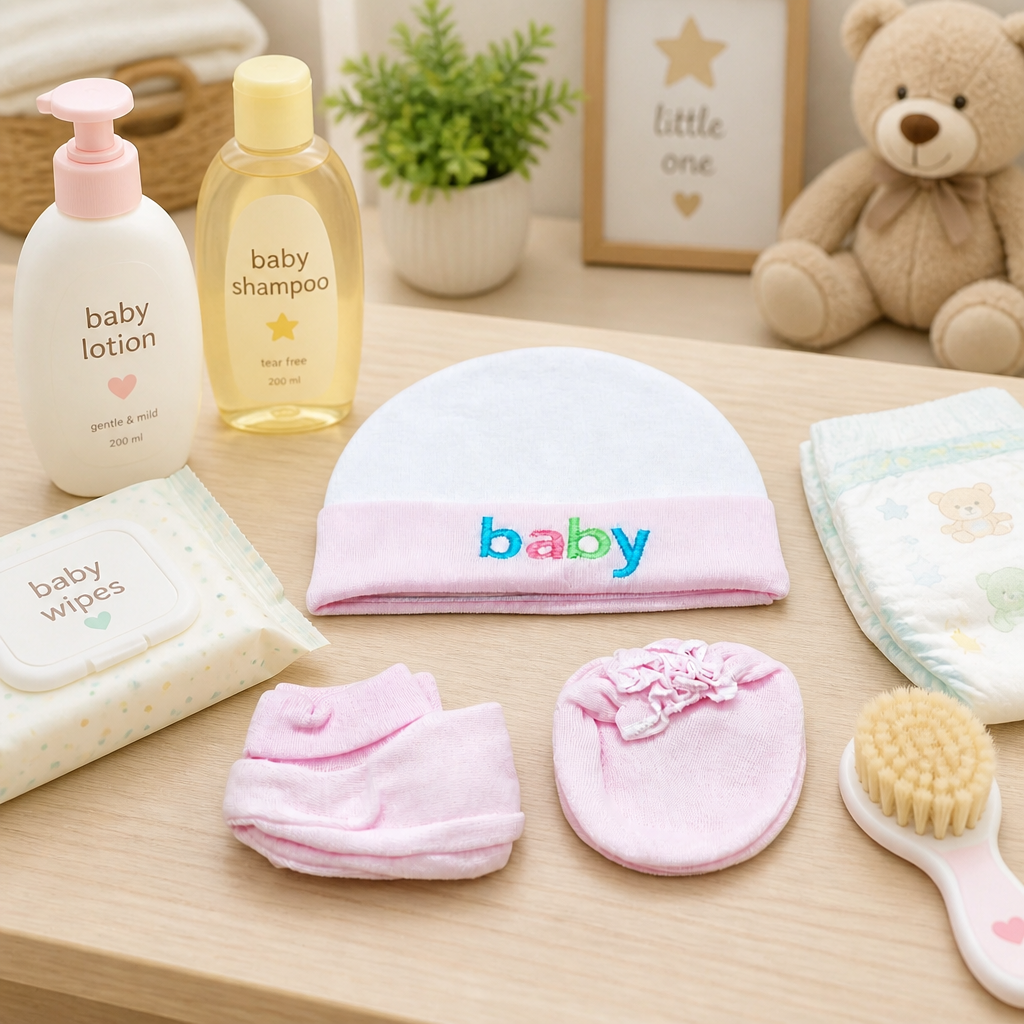 Kids Boon Newborn Baby Cap, Mittens, and Booties Set | Soft Cotton, Pink & White
