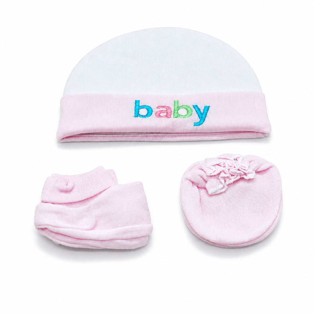 Kids Boon Newborn Baby Cap, Mittens, and Booties Set | Soft Cotton, Pink & White