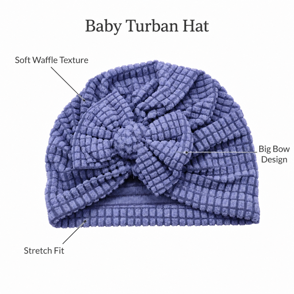 Kids Boon Textured Waffle Knit Baby Turban with Bow - Soft Lavender Headwrap for Infants & Toddlers