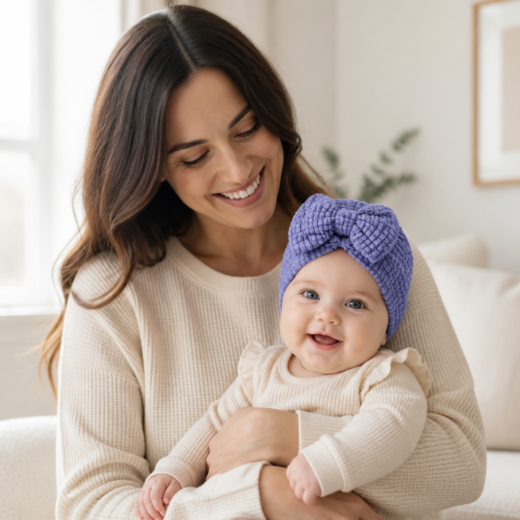 Kids Boon Textured Waffle Knit Baby Turban with Bow - Soft Lavender Headwrap for Infants & Toddlers