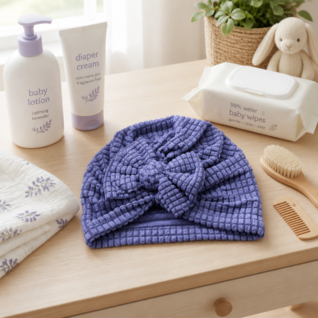 Kids Boon Textured Waffle Knit Baby Turban with Bow - Soft Lavender Headwrap for Infants & Toddlers