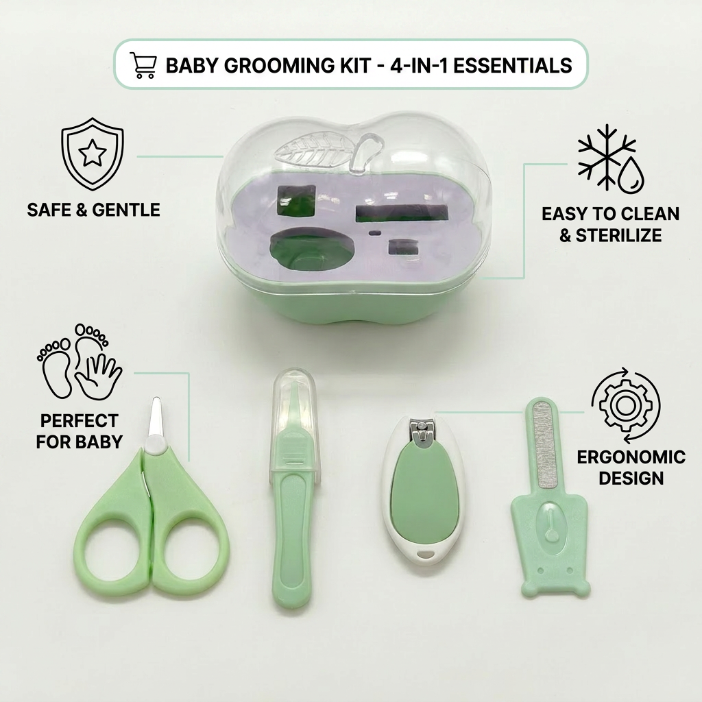 Kids Boon 4-in-1 Essential Baby Nail Care Set | Newborn Grooming Kit with Portable Apple Travel Case
