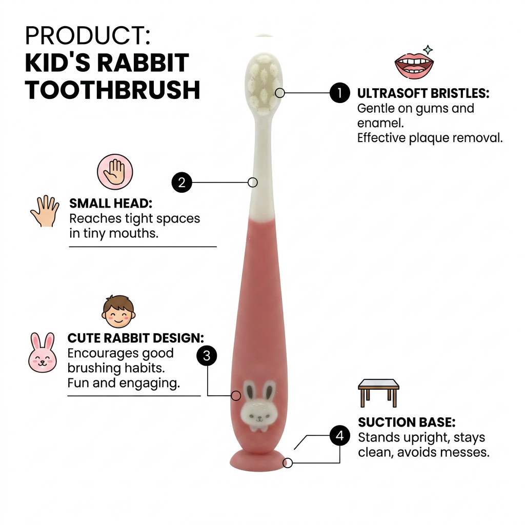 Kids Boon™ Extra Soft Baby & Toddler Training Toothbrush | Cute Pink Bunny with Hygienic Suction Cup Base