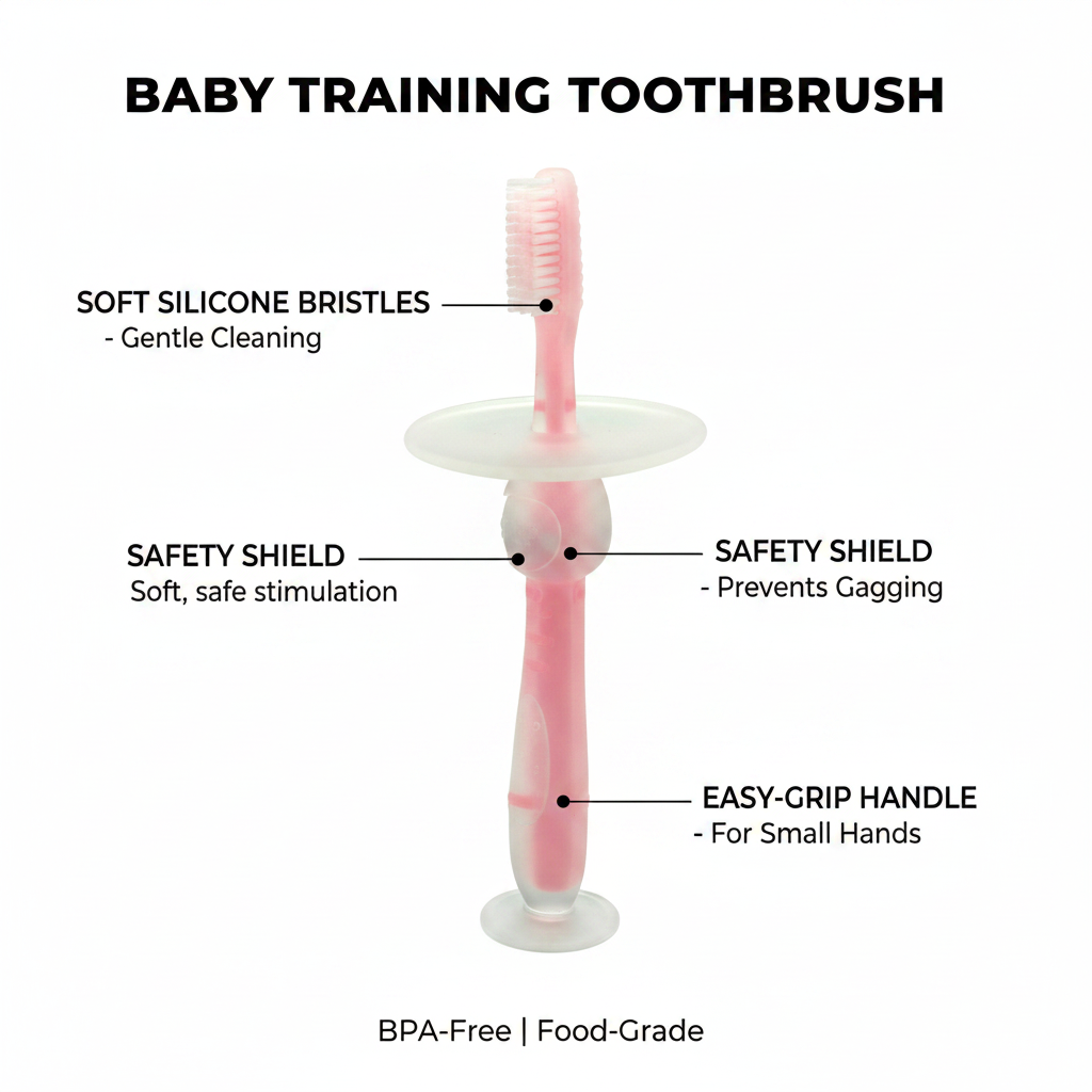 Kids Boon Silicone Infant Training Toothbrush & Teether | Soft Bristles, Anti-Choking Shield & Suction Base (Pink)