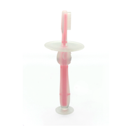 Kids Boon Silicone Infant Training Toothbrush & Teether | Soft Bristles, Anti-Choking Shield & Suction Base (Pink)