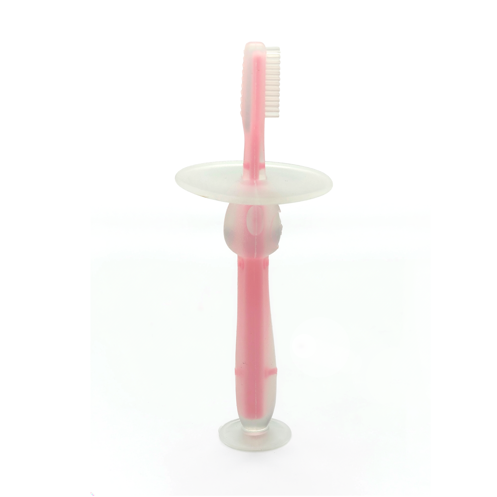 Kids Boon Silicone Infant Training Toothbrush & Teether | Soft Bristles, Anti-Choking Shield & Suction Base (Pink)