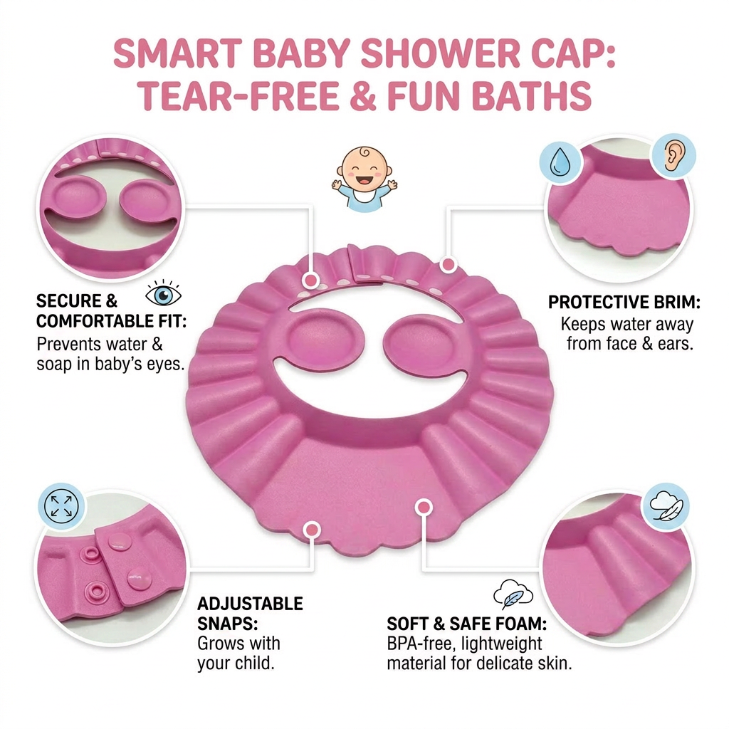Kids Boon Adjustable Baby Shower Cap & Bath Visor with Ear Protection - Pink