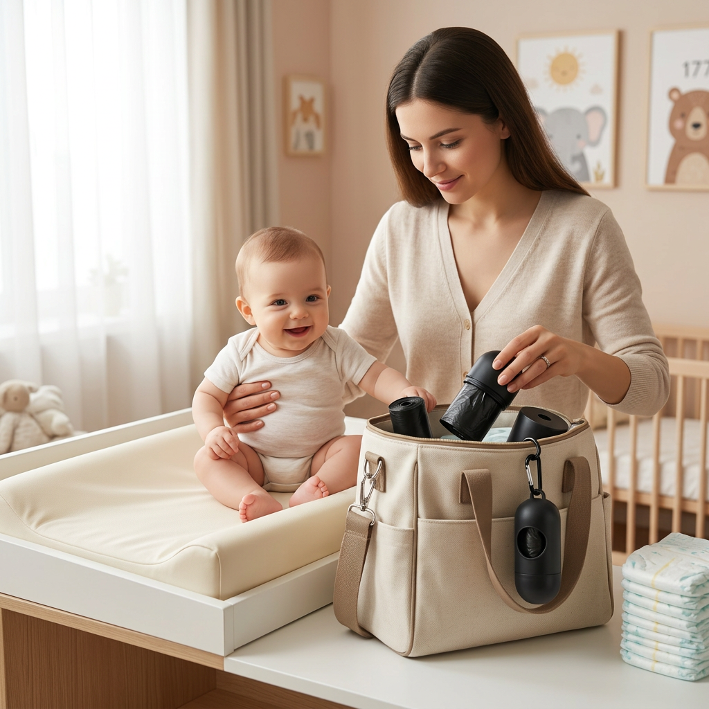 Portable Baby Diaper Disposal Bags Dispenser Set – Odor-Control Disposable Nappy Trash Bags with Travel Pod Holder for Diaper Bags and Strollers (Black)