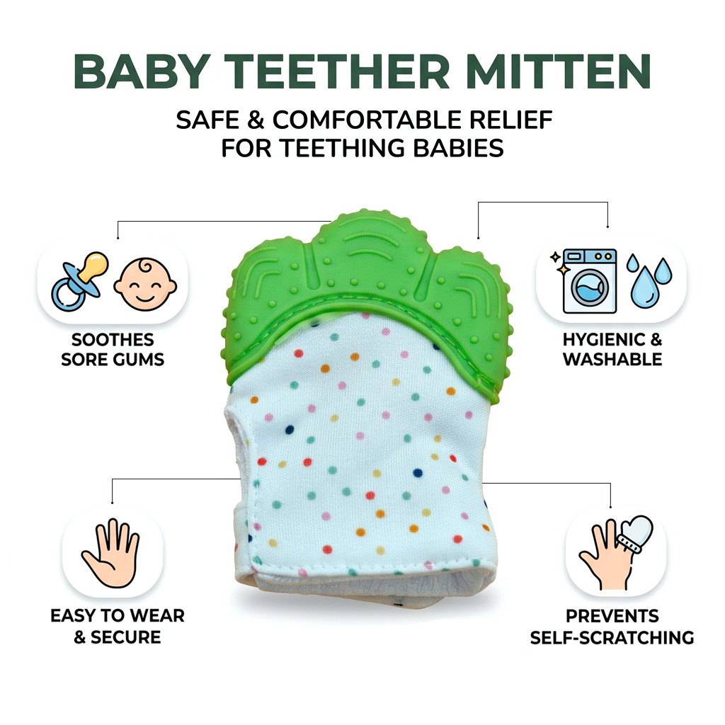 Premium Silicone Baby Teething Mitten – Soft Cotton Infant Teether Glove for Soothing Sore Gums (Polka Dot / Green)