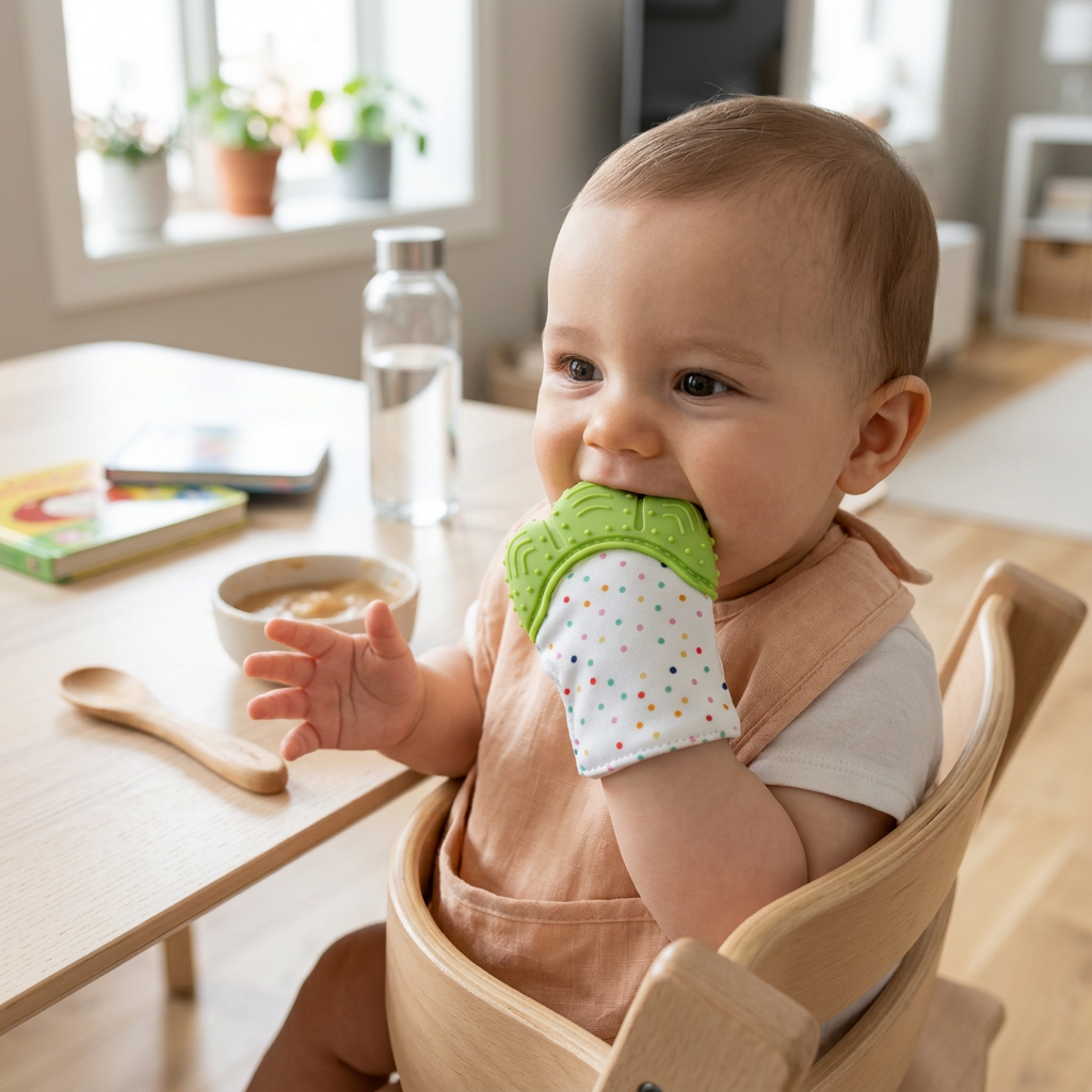 Premium Silicone Baby Teething Mitten – Soft Cotton Infant Teether Glove for Soothing Sore Gums (Polka Dot / Green)