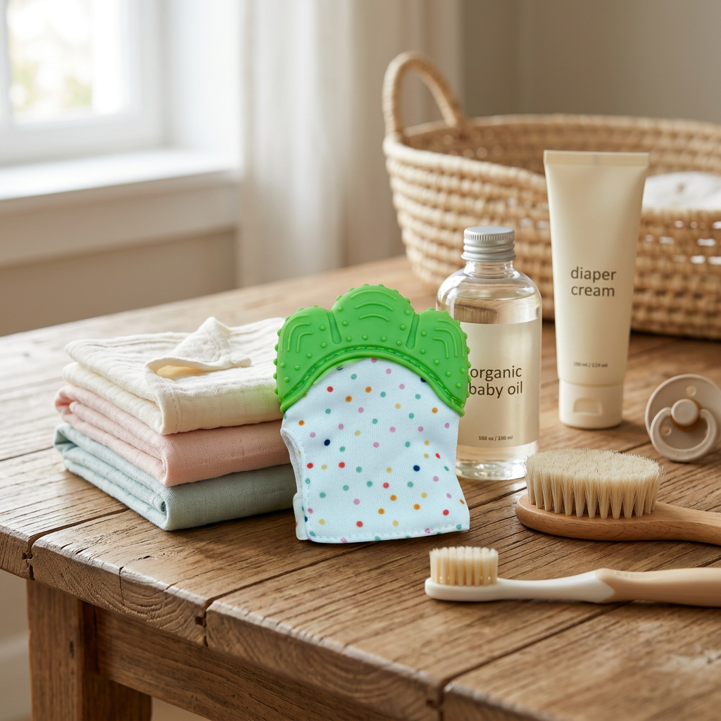 Premium Silicone Baby Teething Mitten – Soft Cotton Infant Teether Glove for Soothing Sore Gums (Polka Dot / Green)