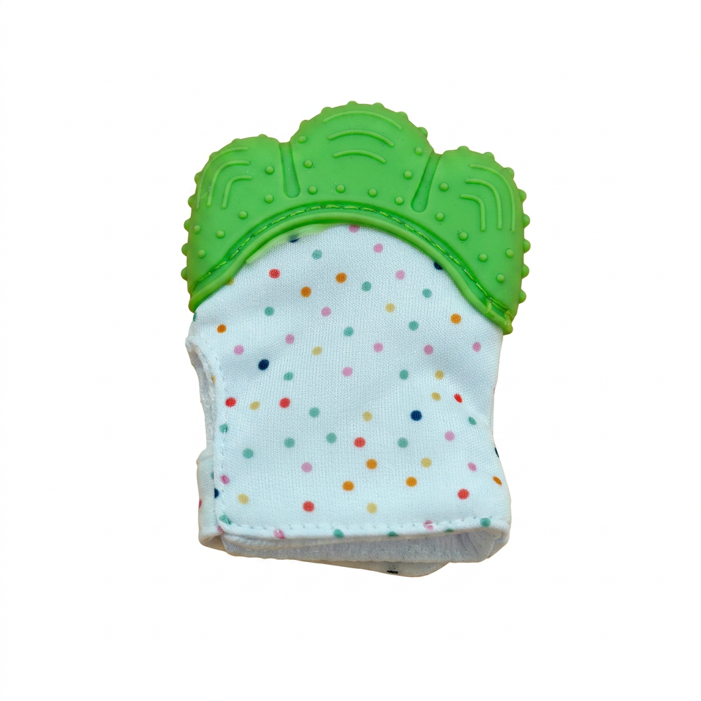 Premium Silicone Baby Teething Mitten – Soft Cotton Infant Teether Glove for Soothing Sore Gums (Polka Dot / Green)