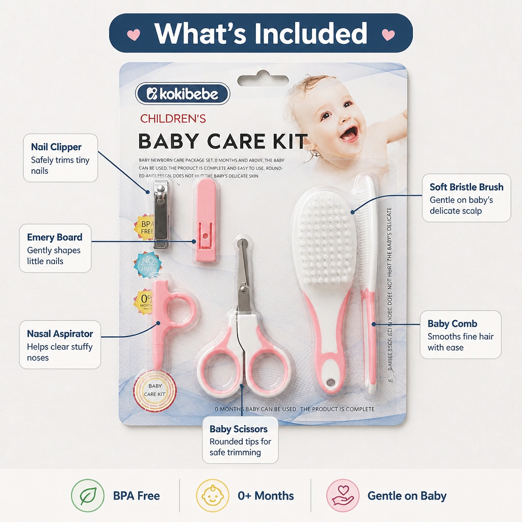 Kokibebe 6-in-1 Baby Care & Grooming Kit – Essential Newborn Nail Clippers, Scissors, Brush & Comb Set (Pink)