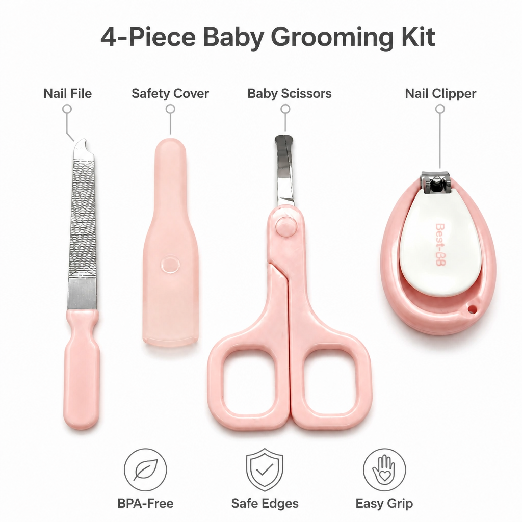 Kids Boon 4-Piece Baby Nail Care Kit | Newborn Grooming Set with Safety Scissors & Clipper | Soft Pink