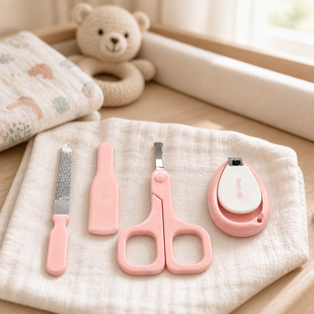 Kids Boon 4-Piece Baby Nail Care Kit | Newborn Grooming Set with Safety Scissors & Clipper | Soft Pink