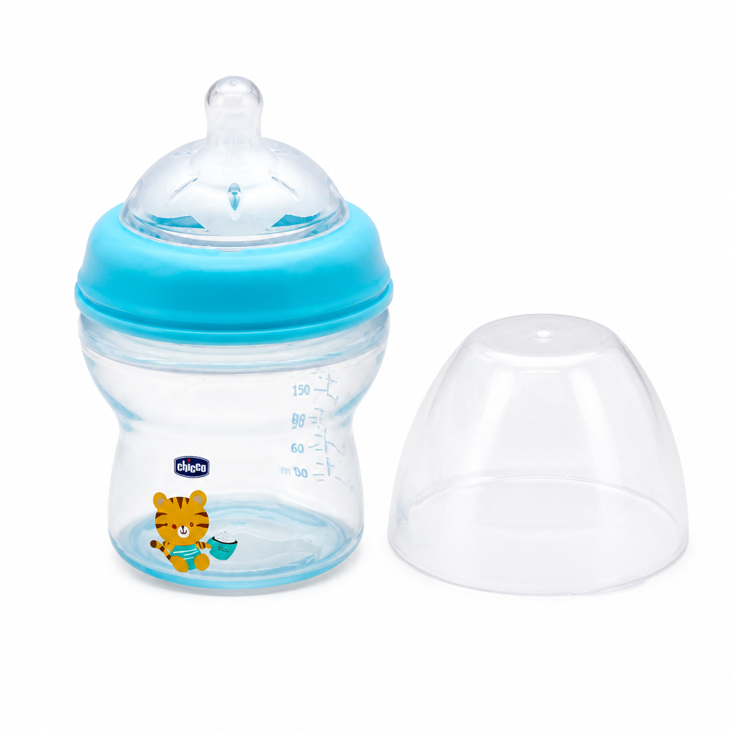 Chicco Wide Neck Baby Feeding Bottle - 150ml, Blue Tiger Print | Soft Silicone Teat