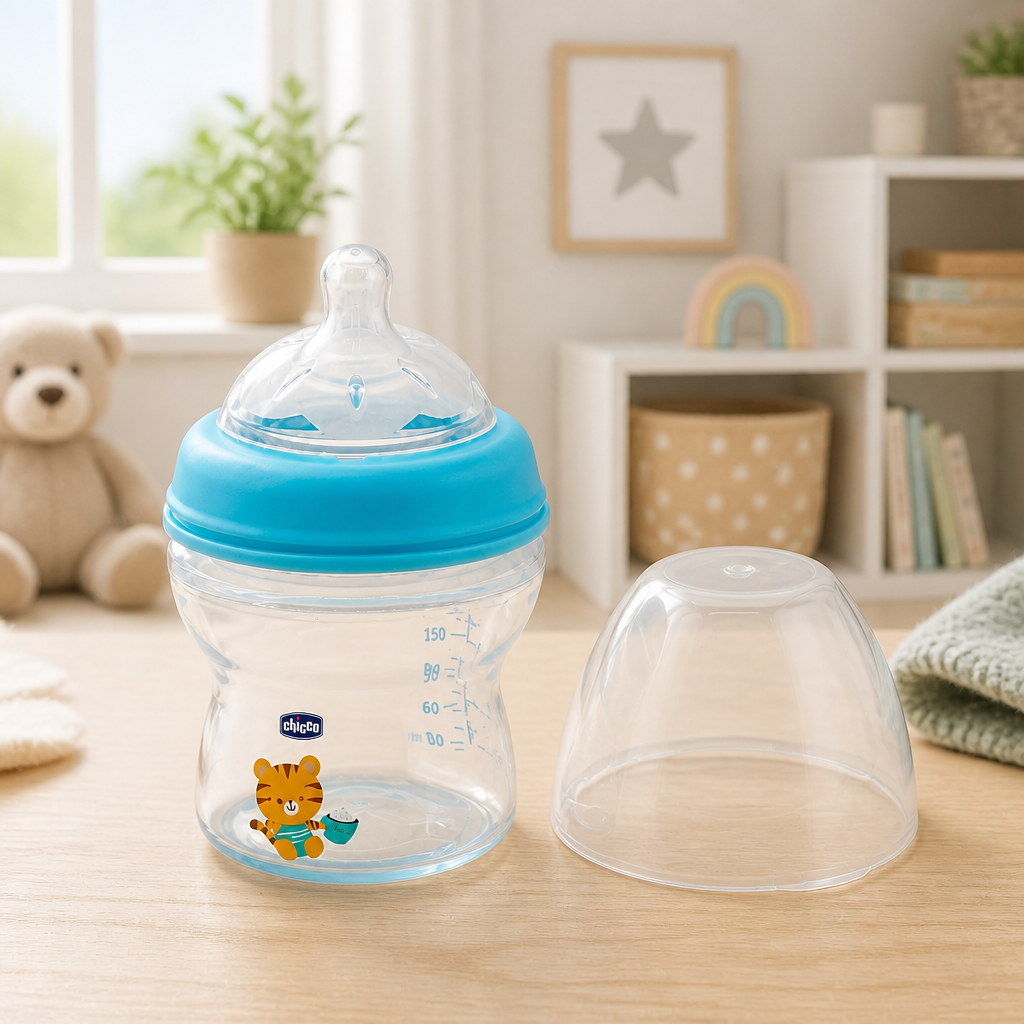 Chicco Wide Neck Baby Feeding Bottle - 150ml, Blue Tiger Print | Soft Silicone Teat
