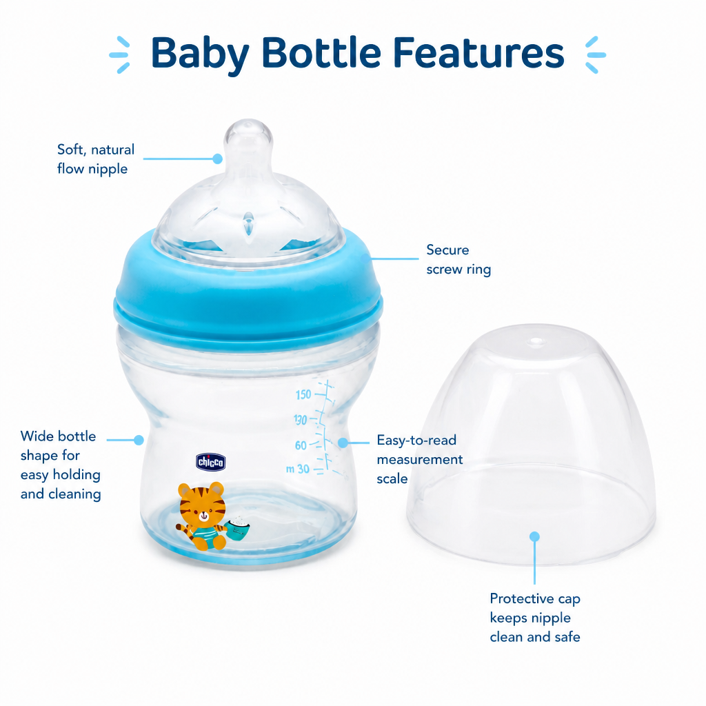 Chicco Wide Neck Baby Feeding Bottle - 150ml, Blue Tiger Print | Soft Silicone Teat